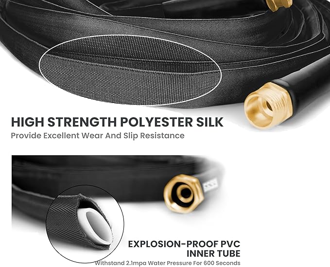 25FT Garden Hose Flexible and No-Kink, with Solid Brass Fittings, Puncture Proof, All-Weather Water Hose for Car Washing, Lawn Watering and Outdoor Cleaning(Black,25FT)