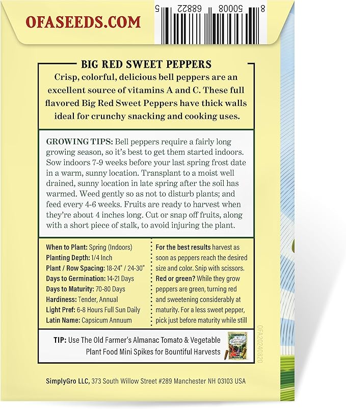 The Old Farmer's Almanac Heirloom Sweet Pepper Seeds (Big Red) - Approx 30 Seeds - Non-GMO, Open Pollinated, USA Origin