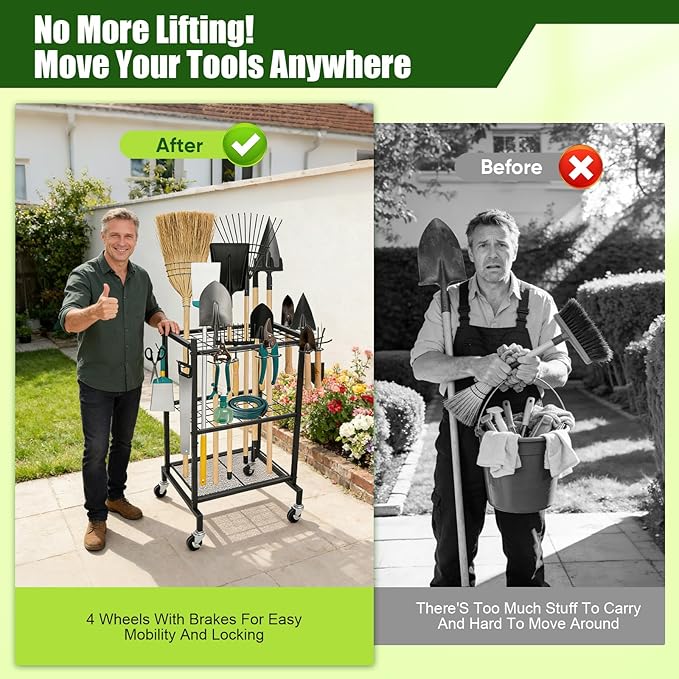 3 Tier Garden Tool Organizer with Wheels, Garden Tool Rack Rack Up to 50 Tools, Heavy Duty Metal Yard Tool Organizer for Garage with Hooks, Freestanding Lawn Tool Shovels for Shed&Outdoor Organization