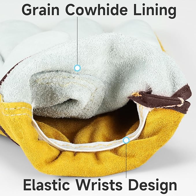 OZERO 3 Pairs Large Cowhide Leather Work Gloves, Heavy Duty Driver Gloves for Truck Driving, Warehouse, Gardening & Farming, Gold/Light Cyan