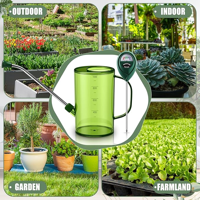 Indoor Plants Watering Can for Indoor Plants Long Probe Soil Moisture Meter Long Spout Watering Cans Water Monitor Indicator for Pot Flower House Gardening Farming (Green,1 L,Cylindrical)