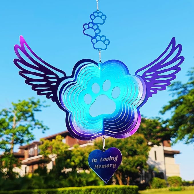 Pet Memorial Wind Spinners, Cat Memorial Gifts,Stainless Steel Angel Wings Pet Paw Print,Dogs and Cats Remembrance, Pet Sympathy,Pet Loss Bereavement Gifts