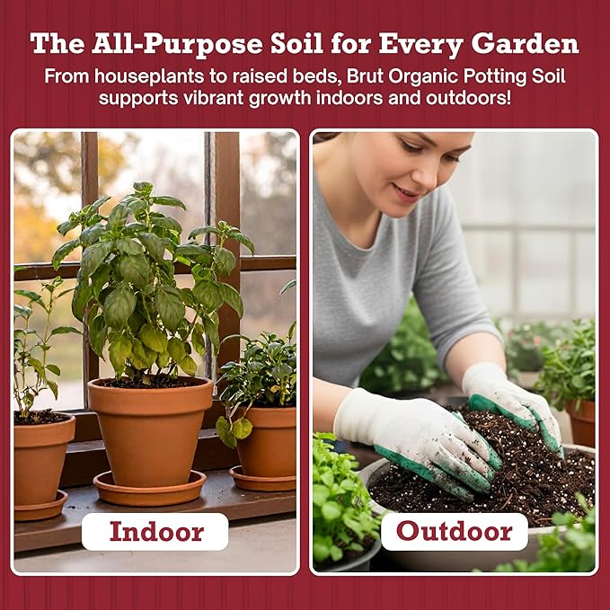 Brut Organic Potting Soil 1 CU FT – Premium Plant Soil with Organic Worm Castings, Trace Minerals & Perlite – Chemical-Free, Filler-Free – Ideal Potting Mix for Indoor & Outdoor Plants – Pack of 6