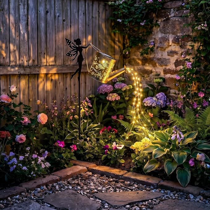 Solar Garden Outdoor Decorative, Watering Can with Layered Lighting, Featuring Metal Silhouette Garden Stake, Mother's Gift for Women, Waterproof Garden Decor (Fairy)