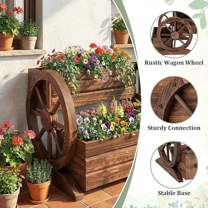Giantex Wooden Wagon Planter Box, Garden Planter with Drainage Holes & Wheels for Flowers Herbs Vegetables, Indoor Outdoor Decorative Flower Cart for Patio Garden Balcony (2)