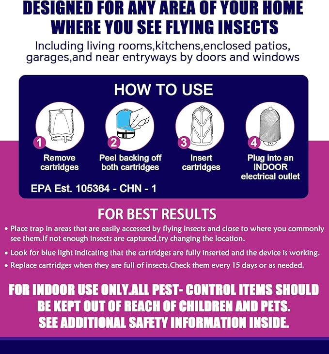 Flying Insect Trap (1 Stater & 3 Refill Cartridges), UV Light Indoor Bug Catcher for Gnats, Fruit Flies, Mosquitoes, and Moths, Plug-in Fly Trap for Home, Kitchen, Living Room