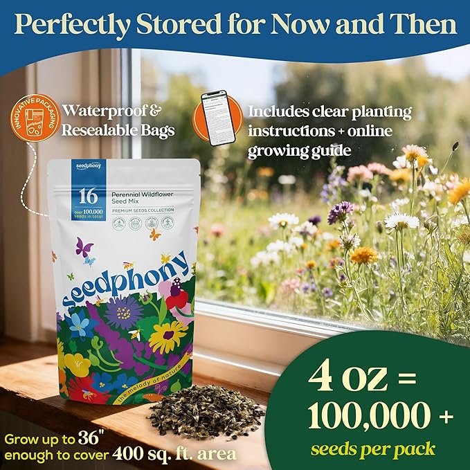 Seedphony 16 Perennial Wildflower Mix 4 oz - 100,000 Non-GMO Heirloom Wildflower Seeds for Planting Garden, Wild Flowers in Waterproof Seed Packet, Floral Seeds for Planting Indoor & Outdoor Gardening