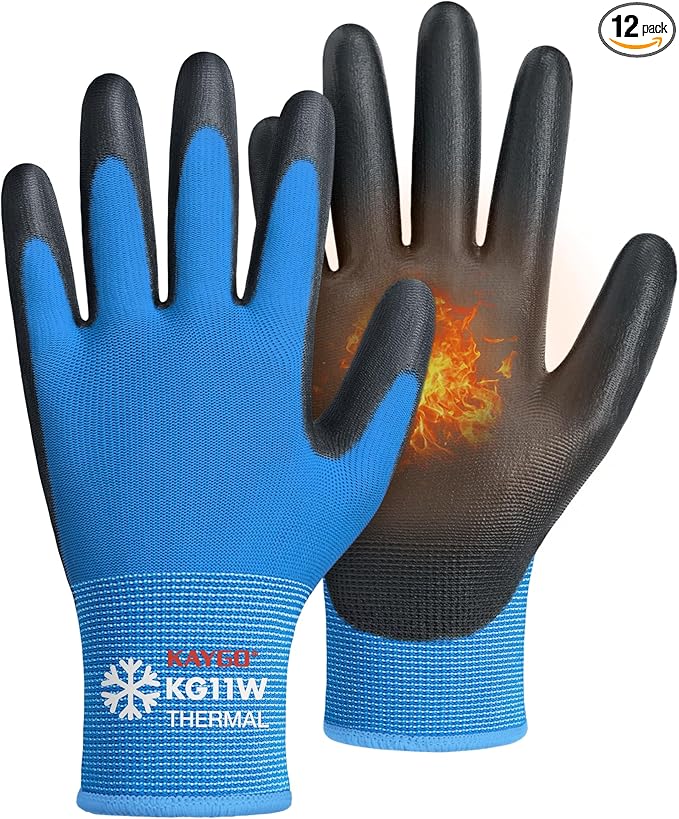 KAYGO 12 Pairs Winter Work Gloves for Men and Women, Thermal Insulated Safety Work Gloves PU Coated, Super Grip,Ideal for Freezer Work,Blue,XL