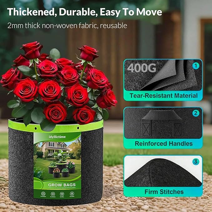 Grow Bags 6 Pack 2MM 400G More Heavy Duty Thickened Nonwoven Garden Plant Fabric Pots (Black, 5 Gallon)