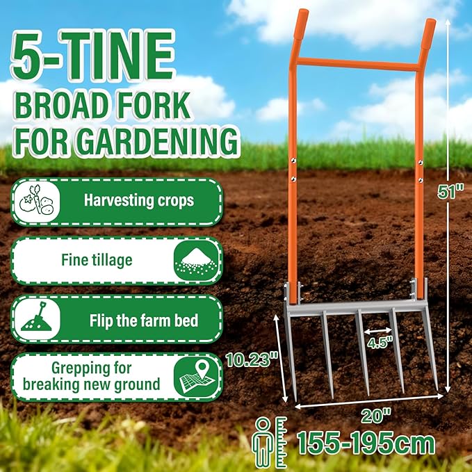 VASALAID Broadfork 5-Tine Broad Fork for Gardening Ergonomic U-Shaped Design Heavy Duty Broadfork Tool for Gardening Cultivating Farm Garden Digging Crushing Aerate Soil