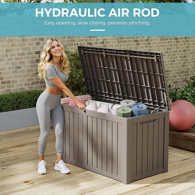 NUNU LAB 151 Gallon Outdoor Storage Box,Resin Large Sturdy Deck Box, Backyard Outside Storage Box Waterproof with Double Wall Panels,Package Delivery Garden Outdoor Hose Storage Bin,Grey