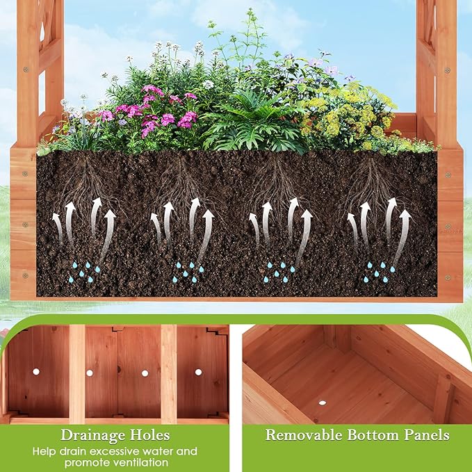 HAPPYGRILL Raised Garden Bed with Trellis, Freestanding Wood Planter Box w/Hanging Roof & 4 Drainage Holes for Vine, Climbing Plants, Flowers, Outdoor Planter with Trellis for Garden, Patio, Yard