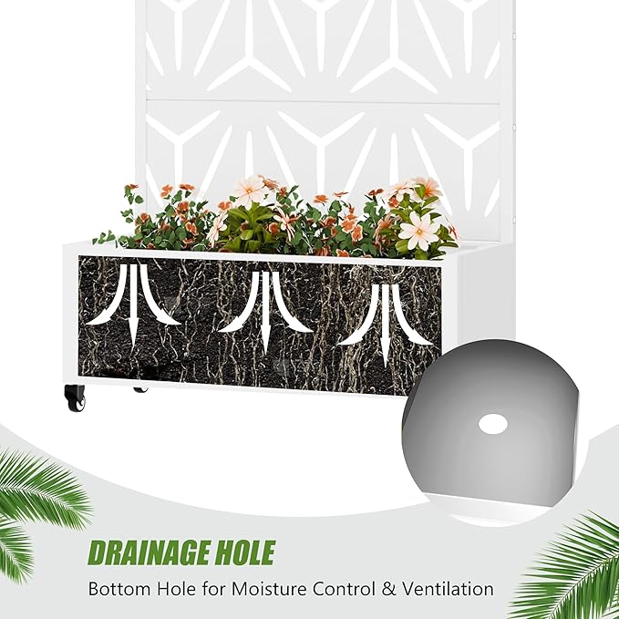 Casaphoria Metal Raised Garden Bed with Trellis and Wheels, 72"x35"x16" Planter Box for Climbing Plants, Vegetables & Vines, Features Drainage Holes and Privacy Screen, White-Star