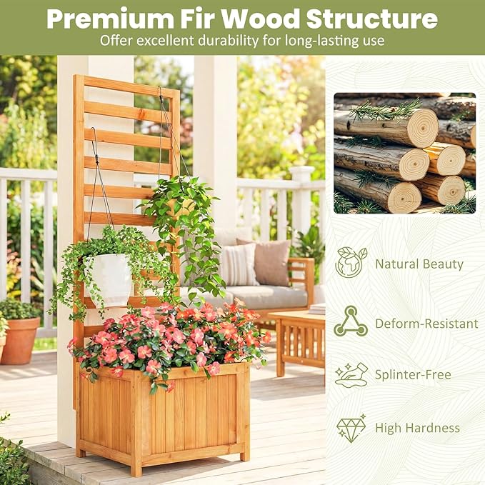 Giantex Set of 2 Wood Raised Garden Bed with Trellis, Outdoor Planter Box for Vines Flowers Vegetables, Herbs, Freestanding Plant Container Privacy Planters for Porch, Patio, Backyard