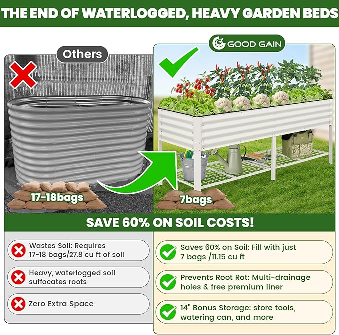 Elevated Raised Garden Bed 2' x 6'- Galvanized Metal Planter Boxes with Legs & Storage Rack, Outdoor Planters for Backyard/Patio/Balcony, with Drainage Holes for Vegetables, Flowers, Herbs, White
