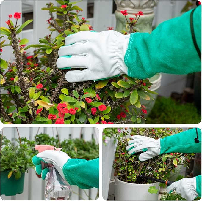 Gardening Gloves, Rose Pruning Gloves Thorn Proof, Long Cowleather Gauntlet Yard Work Gloves with Adjustable Cuffs