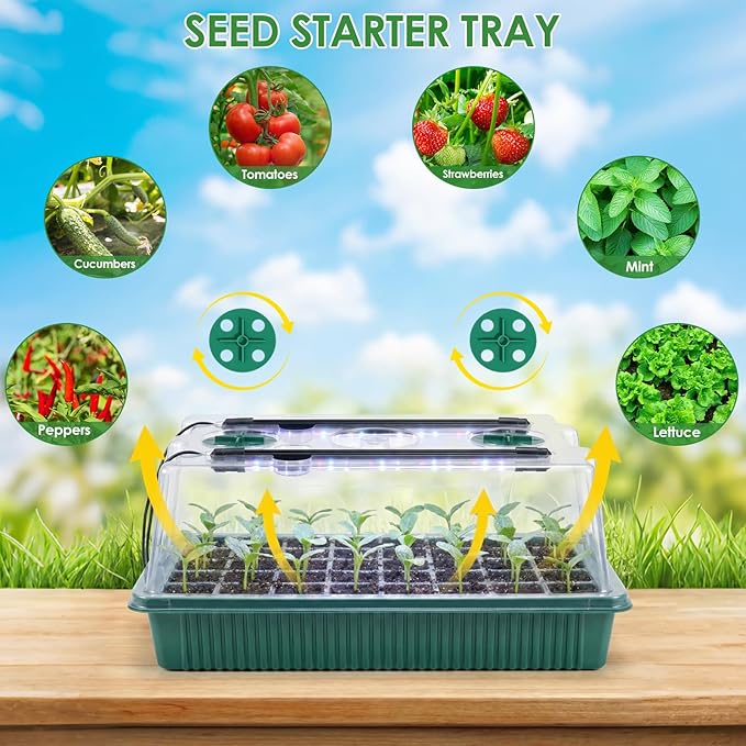Biupky 2 Set 40-Cell Seed Starter Trays with 1 Set of Grow Light and 25 x 50 cm Seedling Heat Mat, 3.6" Higher Cover, Adjustable Vents, Drainage Holes, Green Propagation Tray for Planting Seeds