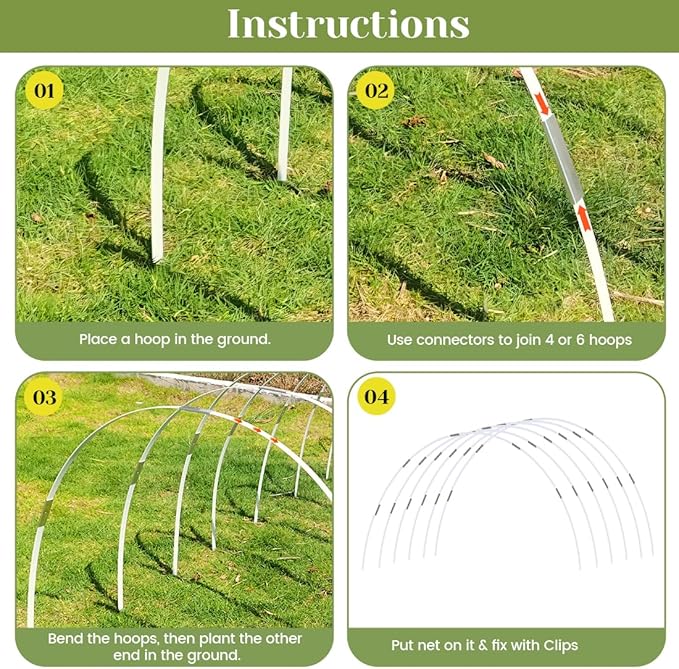 Garden Hoops 60pcs (M Size), Sunwuk Greenhouse Hoops for 2.5-5.5ft Wide Raised Bed, 10 Sets of 8.5ft Long Super Bendable Fiberglass Support Hoops Frame, Mini Greenhouse Strip for Row Cover
