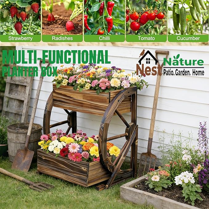 Wooden Wagon Garden Planter Box with Wheels-Indoor/Outdoor Decor for Patio, Backyard, Balcony-Country Farmhouse Flower Box-2 Tier Rustic Garden Raised Bed for Flowers, Herbs, Vegetables