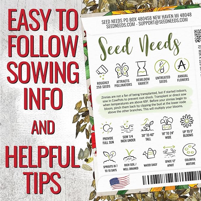 Seed Needs Zinnia Seeds for Planting California Giants Zinnias Blend - Heirloom & Open Pollinated Flowers to Grow an Outdoor Wildflower Butterfly Garden to Attract Pollinators (2 Packs)