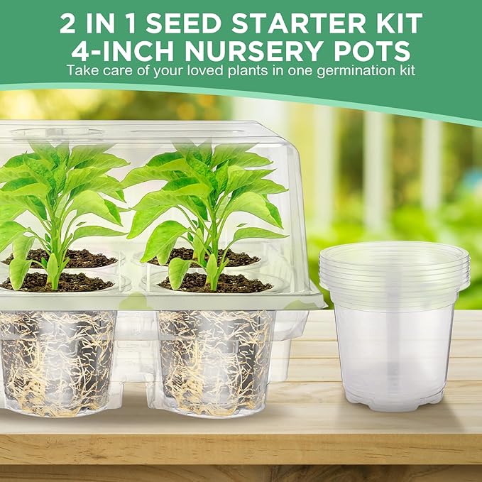 Vesici 10 Pack Seed Starter Tray Kit Seedling Starter Trays with 60 Pcs 4 Inch Nursery Pots and Humidity Dome (60 Cells) Mini Greenhouse Plant Germination with Labels for Garden(Clear)