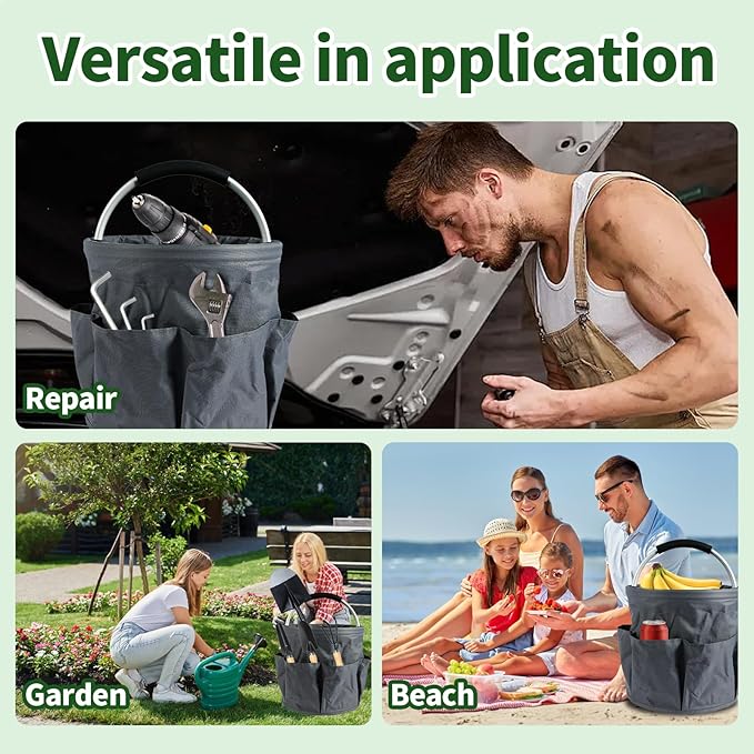 Gardening Storage Tote with Handle and 6 Pockets, Folding Garden Tool Basket, Storage Bag for Outdoor Picnicking, Beachcombing, Bathroom Essentials, Home Shopping, Gray