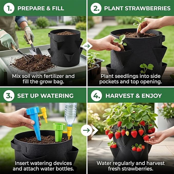 6-Piece Strawberry Planting Kit with Tool Set and Watering Devices, Potato Grow Bags,Potato Growing Containers for Garden Planting, Potato Bags for Growing Potatoes and Plant Cultivation