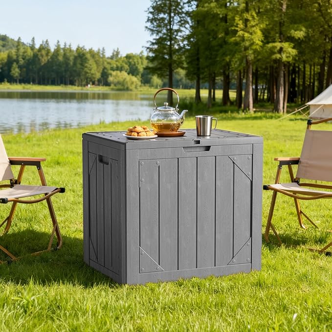 Outdoor Storage Box - 31 Gallon Waterproof Resin Deck Box, Lockable Patio Storage Bench for Package Delivery, Cushions & Garden Tools, UV Resistant (Grey, 31 Gal)