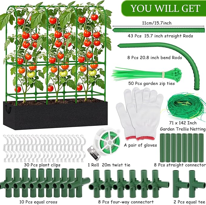 65"H x 50"W Cucumber Trellis with Grow Bag & Netting, U-Frame Metal Plant Support, Heavy-Duty Steel & Plastic, Green & Black, Rectangular, Climbing Plant Support Structure