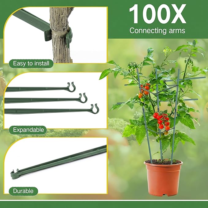 Geelin 100pcs Stake Arms for Tomato Cage Expandable Trellis Connectors for Tomato Cage Attach Plant Stakes Climbing Plants Garden Plants Vegetables (18 in×0.43in)