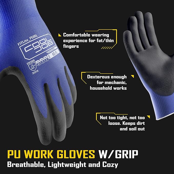 COOLJOB 60 Pairs Safety Work Gloves Pack Bulk with Grip PU Coating, 13 Gauge Seamless Knit Gloves with Polyurethane Dipped for Warehouse Working, Breathable Lightweight for Men Women, Blue Medium