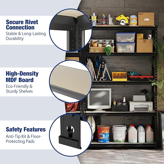 WORKPRO 2180LBS Garage Shelving Unit, Heavy Duty 5-Tier Adjustable Storage Shelf, Shelving Units and Storage for Kitchen, Basement or Pantry, 35.4”Wx11.8”Dx72”H, Black