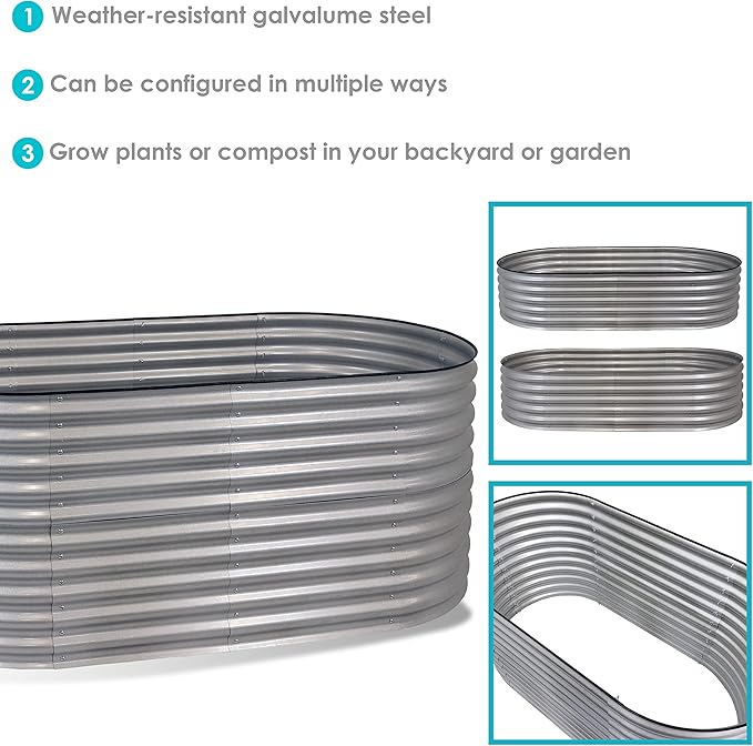 Sunnydaze 79-Inch Oval Raised Garden Bed - Stackable Steel Vegetable Flower Bed Planter Kit with Rubber Edge Trim - Silver