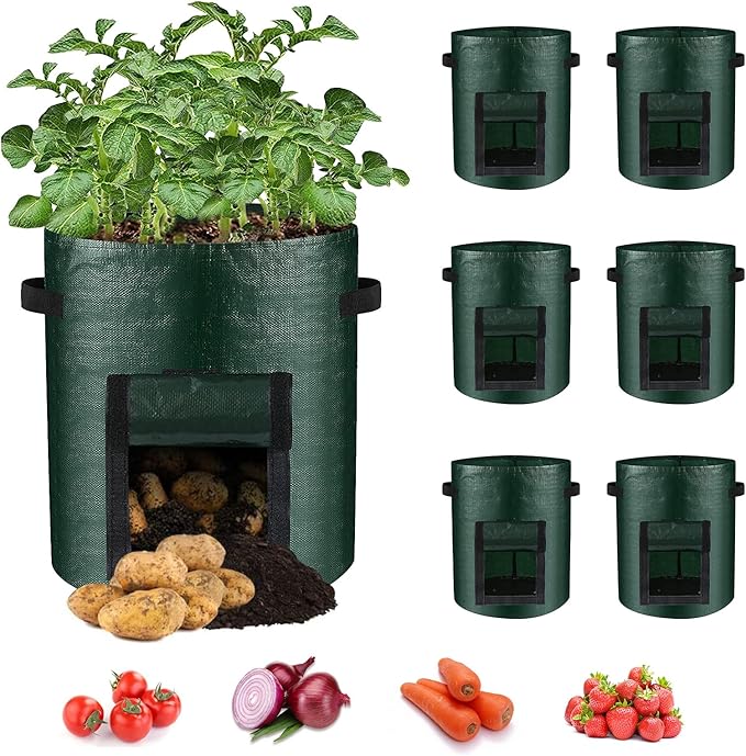 LITLANDSTAR 6 Pack Potato Grow Bags, 5 Gallon Grow Bags Garden Planting Bags with Flap Windows and Handles, Vegetable Grow Bags for Potato, Onion, Tomato, Carrot (Dark Green)