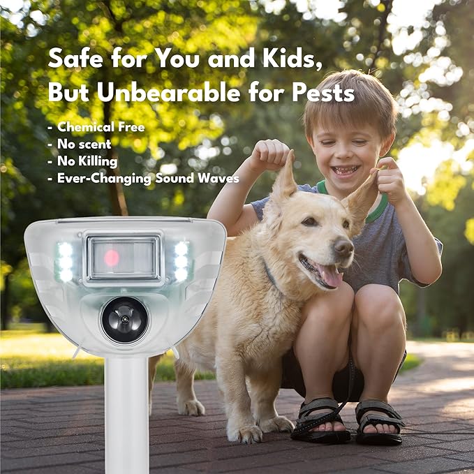 Solar Ultrasonic Animal Repeller with Motion Sensor – Outdoor Waterproof Pest Deterrent for Birds, Cats, Squirrels, Deer – Adjustable Frequencies, Flashing LED, Alarm & Bluetooth App Control