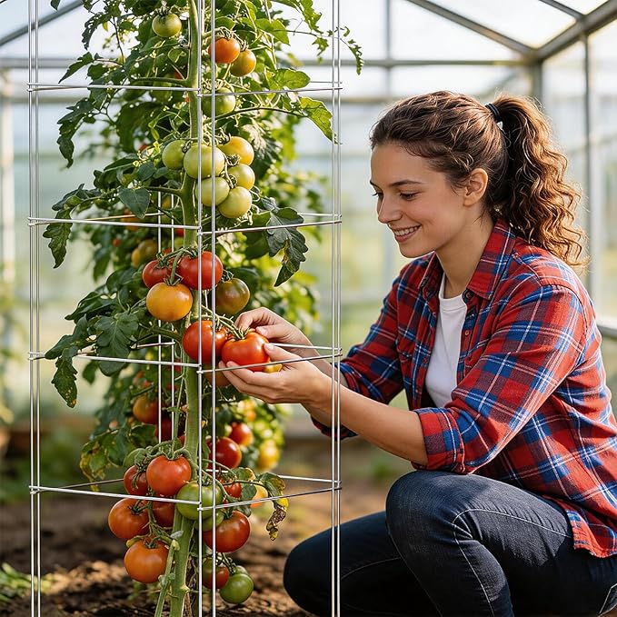 SPECILITE Square Foldable Tomato Cages 3 Pack, 13" W x 56" H Heavy Duty Galvanized Steel Plant Support Trellis for Garden, Tomatoes, Plant, Tool-Free & Rust Resistant for Outdoor Use (Include Gloves)