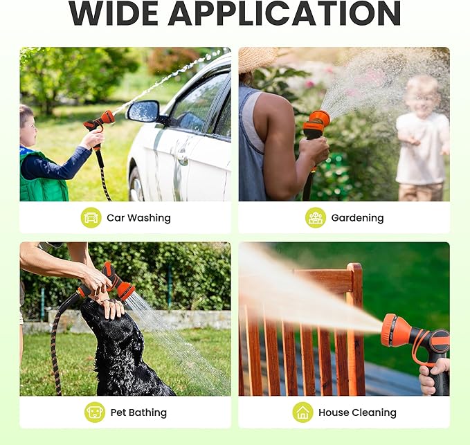 Giraffe Tools Non-Expandable Garden Hose 25FT 1/2” Lightweight Flexible Water Hoses Burst 600 psi with 9 Spray Function Nozzle Heavy Duty Hose