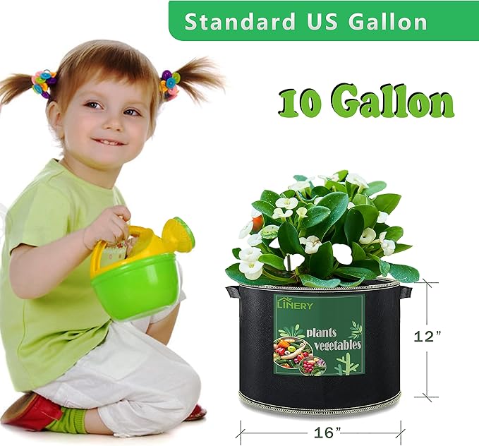 LINERY 10-Pack 10 Gallon Grow Bag - Black Heavy Duty Thickened Planting Bags With Handles, Non-Woven Fabric Plant Pots