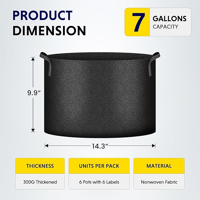 iPower Grow Bag 7 Gallon 6-Pack Heavy Duty Plant Pots, 300g Thick Nonwoven Fabric Containers Aeration with Nylon Handles, for Planting Vegetables, Fruits, Flowers, Black 2024 Version