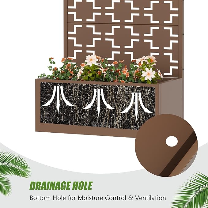 Casaphoria Metal Raised Garden Bed with Trellis, 59"x30"x12" Planter Box for Climbing Plants, Vegetables & Vines, Features Drainage Holes and Privacy Screen, Brown-Square