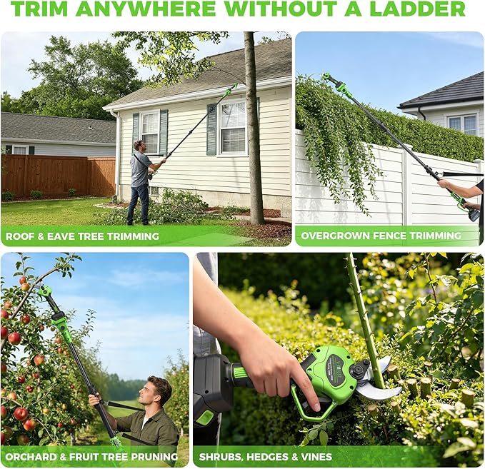 2-in-1 Electric Pruning Shears Cordless Pole Pruner, Lightweight Extension Pole, 1.6" Cut, SK7 Blade, 2x4.0Ah Batteries, Brushless Motor & LCD, Battery Powered Tree Pruner for Garden Orchard