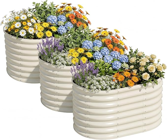 AHEONLAR 3Pack 3x2x2ft Galvanized Raised Garden Beds Outdoor, Oval Raised Beds for Gardening Metal Planter Boxes for Planting Vegetables, Fruit, Herb, White