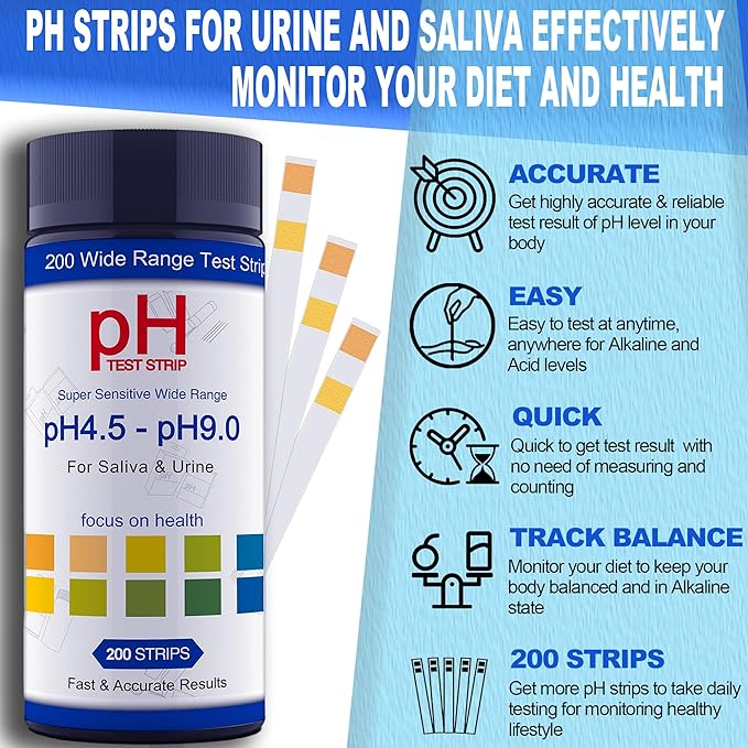PH Test Strips for Urine & Saliva - 200ct Urine PH Test Strips for Humans, Fast & Accurately Track & Monitor Your pH Level (4.5-9.0ppm) in Seconds, Quick & Easy to Test Alkaline & Acid Levels in Body