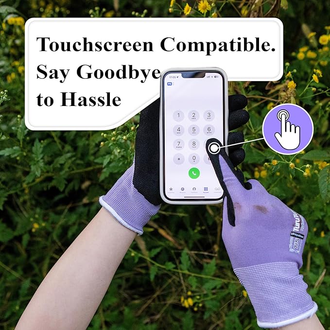 HandLove 6 Pairs Gardening Gloves for Women-Moisturizing Durable Work Gloves.Latex-free Sandy Nitrile Coated for Yard Garden,Touchscreen Friendly Protective Gloves with Grip, Medium,Blue&Purple