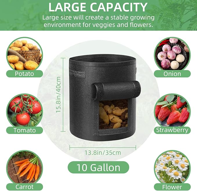 12 Pack 10 Gallon Potato Grow Bags, Heavy Duty Nonwoven Fabric Garden Planting Bag Plant Container with Flap and Handles, Aeration Fabric Pots for Growing Vegetable, Fruits and Flowers