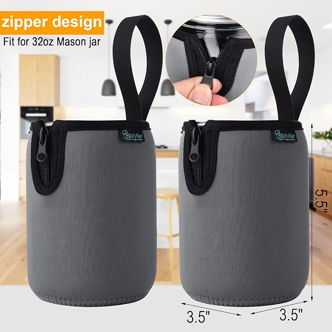 Beautyflier Mason Jars 32oz Wide Mouth Sleeve Regular Mouth Mason Jars Insulators Drinking Glass Coolers Sprouting Jars Blackout Sleeve (Gray)