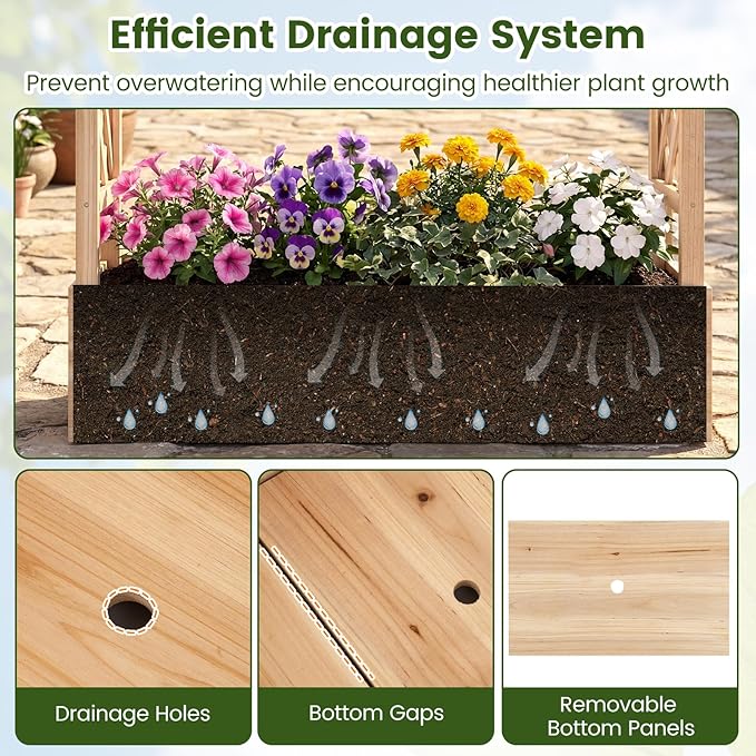 S AFSTAR Raised Garden Bed with Trellis, 2-in-1 Fir Wood Planter Box with Flat Roof & Drainage Holes, Vertical Planter Raised Bed for Climbing Plants, Flowers & Vegetables, 43" x 14" x 45" (Natural)