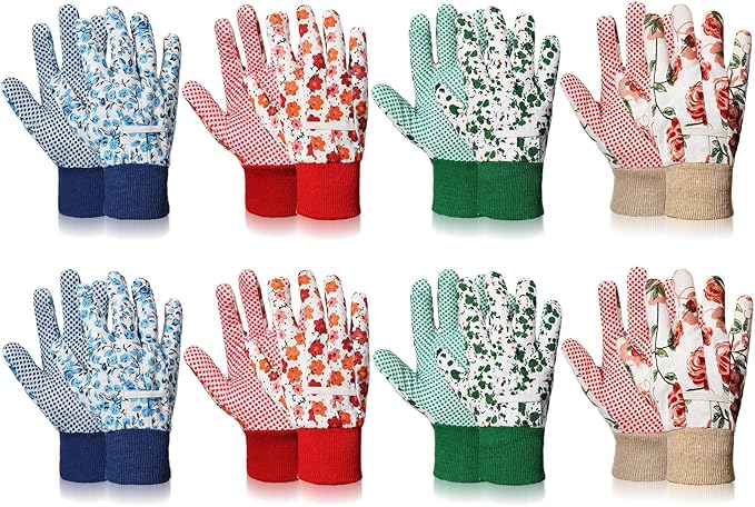 Queekay 8 Pairs Garden Gloves for Women Floral Gardening Gloves Breathable Cotton with Grip