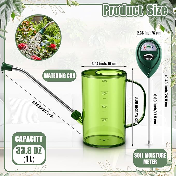Indoor Plants Watering Can for Indoor Plants Long Probe Soil Moisture Meter Long Spout Watering Cans Water Monitor Indicator for Pot Flower House Gardening Farming (Green,1 L,Cylindrical)