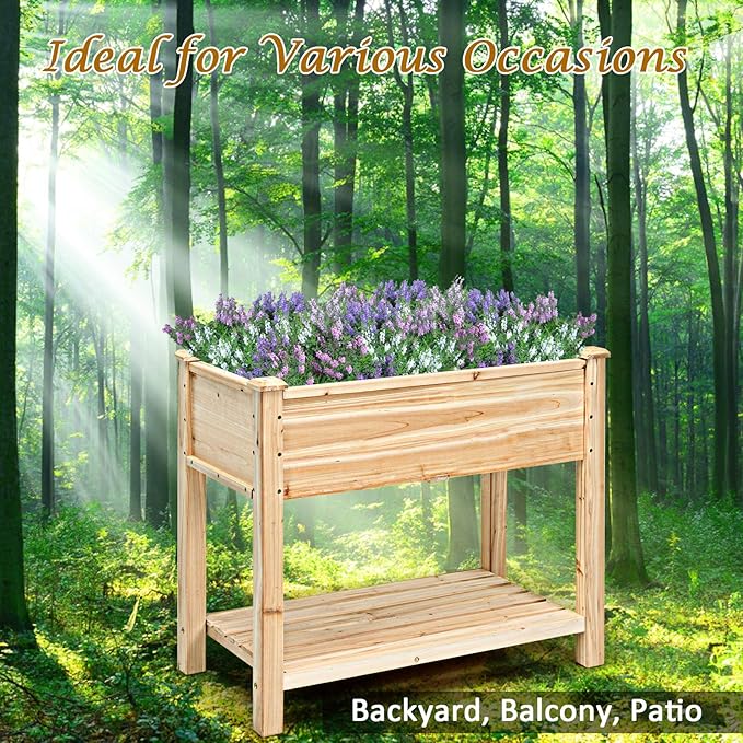S AFSTAR Raised Garden Bed with Storage Shelf, Elevated Cedar Wood Planter Box with Legs, Outdoor Gardening Planting Bed for Vegetables Flower Herb Grow, Great for Backyard Patio Lawn